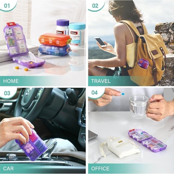 Travel Pill Organizer Labels & 1 Drawstring Pouch, Small 10 Compartments PURPLE - Picture 5 of 9